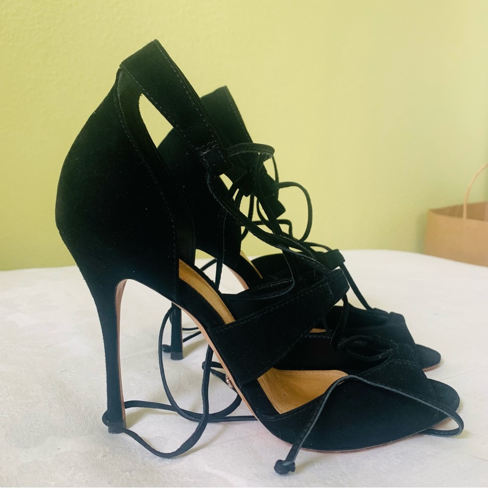 NWOB Schutz Cove Suede Lace Up Heeled Sandals Black 7.5 - Picture 3 of 8